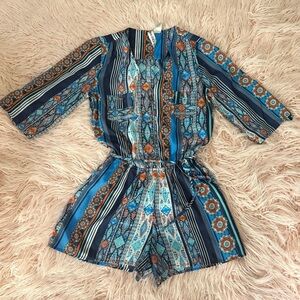 Mimi Chica Romper Button Up Front Waist Tie Roll Tab Sleeve